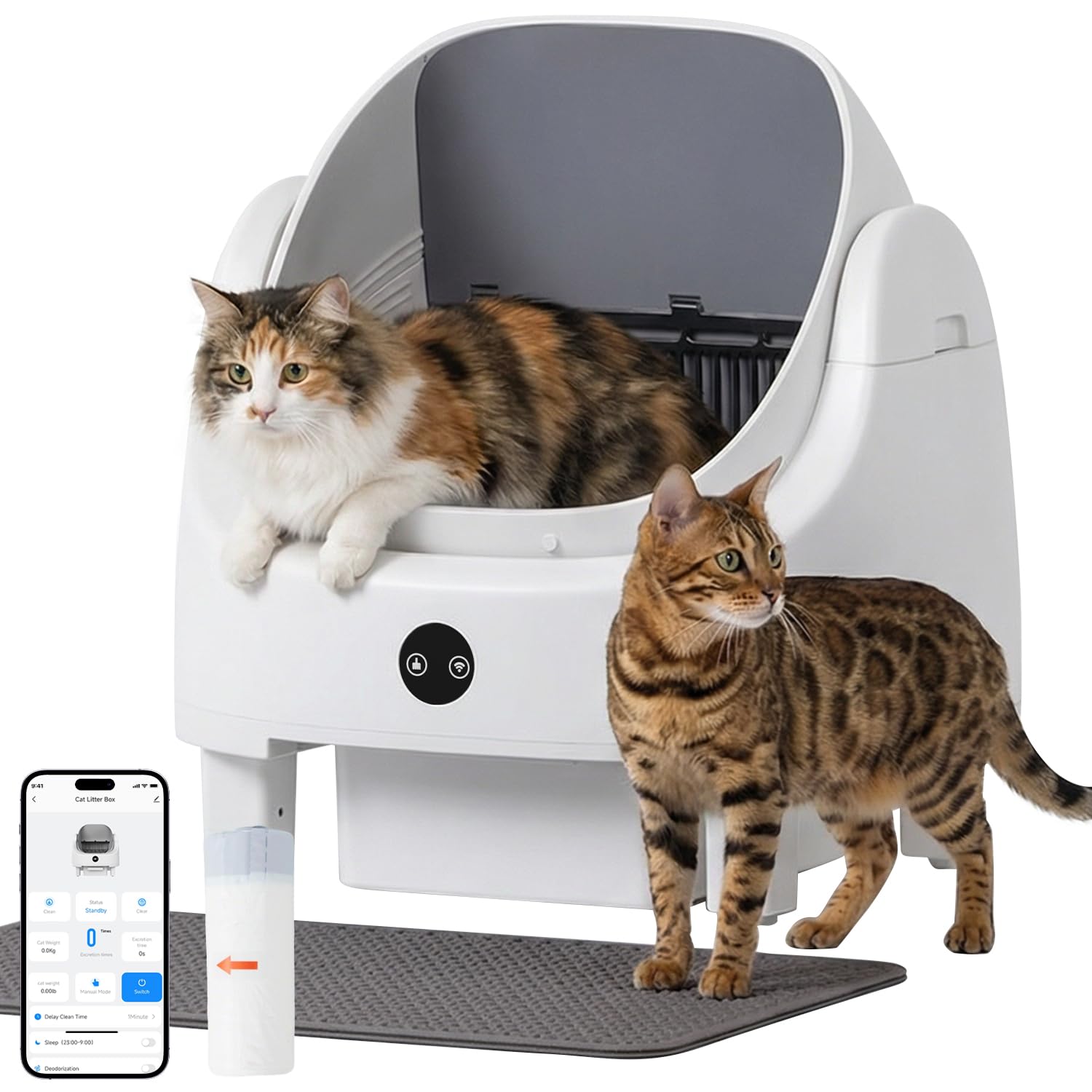 Selbstreinigende Katzentoilette,Katzenklo Selbstreinigend mit Sicherheits und Geruchskontrolle, Automatischer App-Steuerung für Katzen, Inklusive Katzenstreumatte, Müllbeutel und Duftbox
