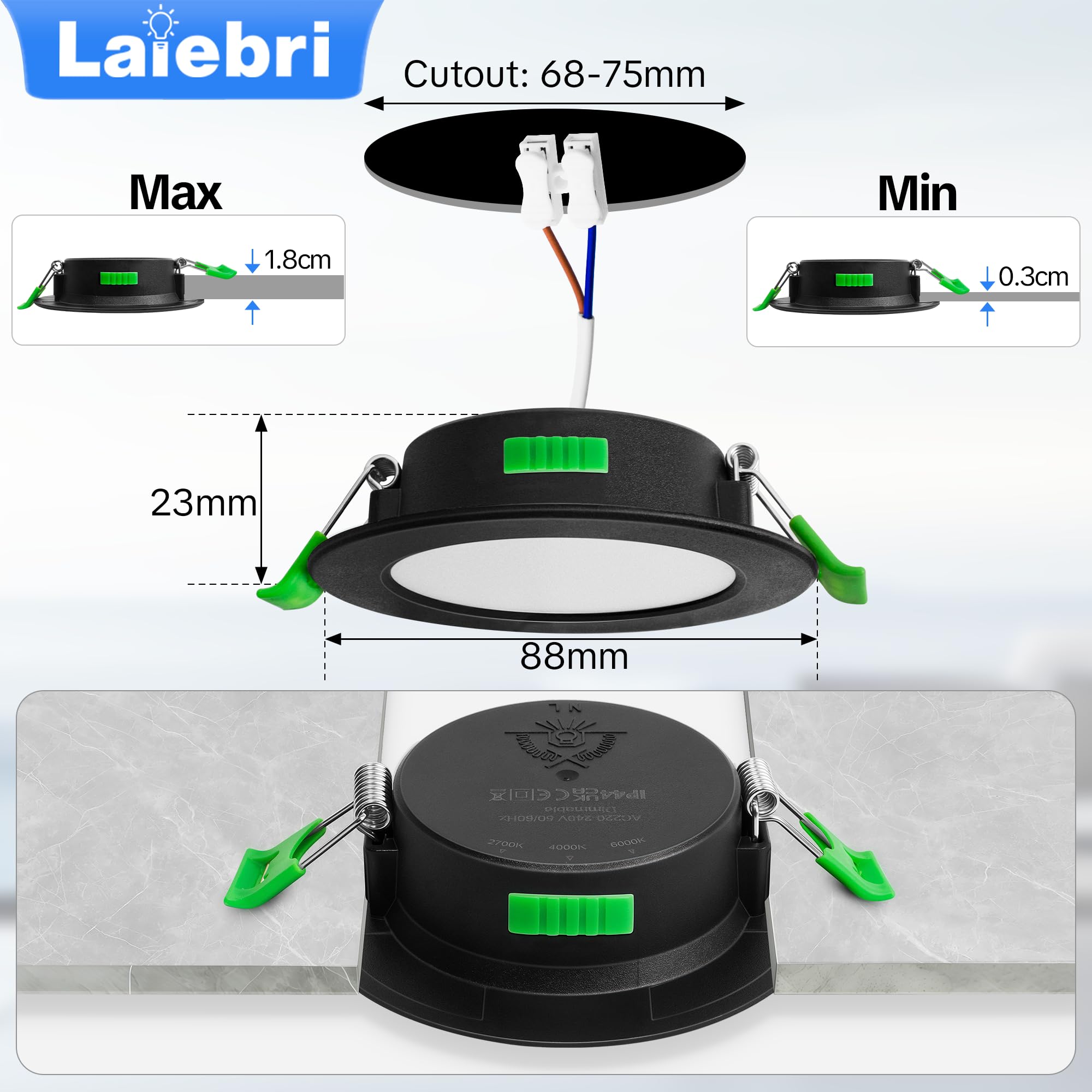 Confezione da 10 Pack da Incasso a LED 230V Nero - Faretti da Soffitto IP44 - Faretti da Incasso a Soffitto Ø68-80mm, 2700K/4000K/6500K Lampada da Soffitto Plafoniera LED per Bagno Cucina