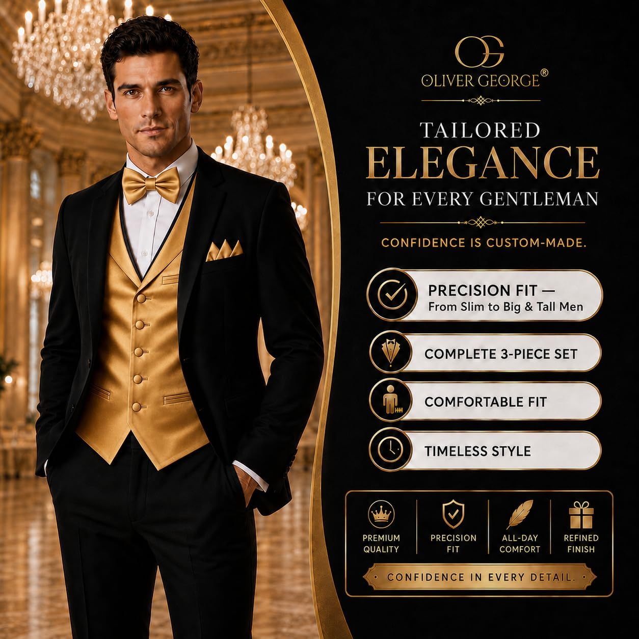 Oliver George Men’s 3pc Solid Suit Vest Notch Shawl Lapel Waistcoat Tuxedo Dress Vest BowTie Handkerchief Set