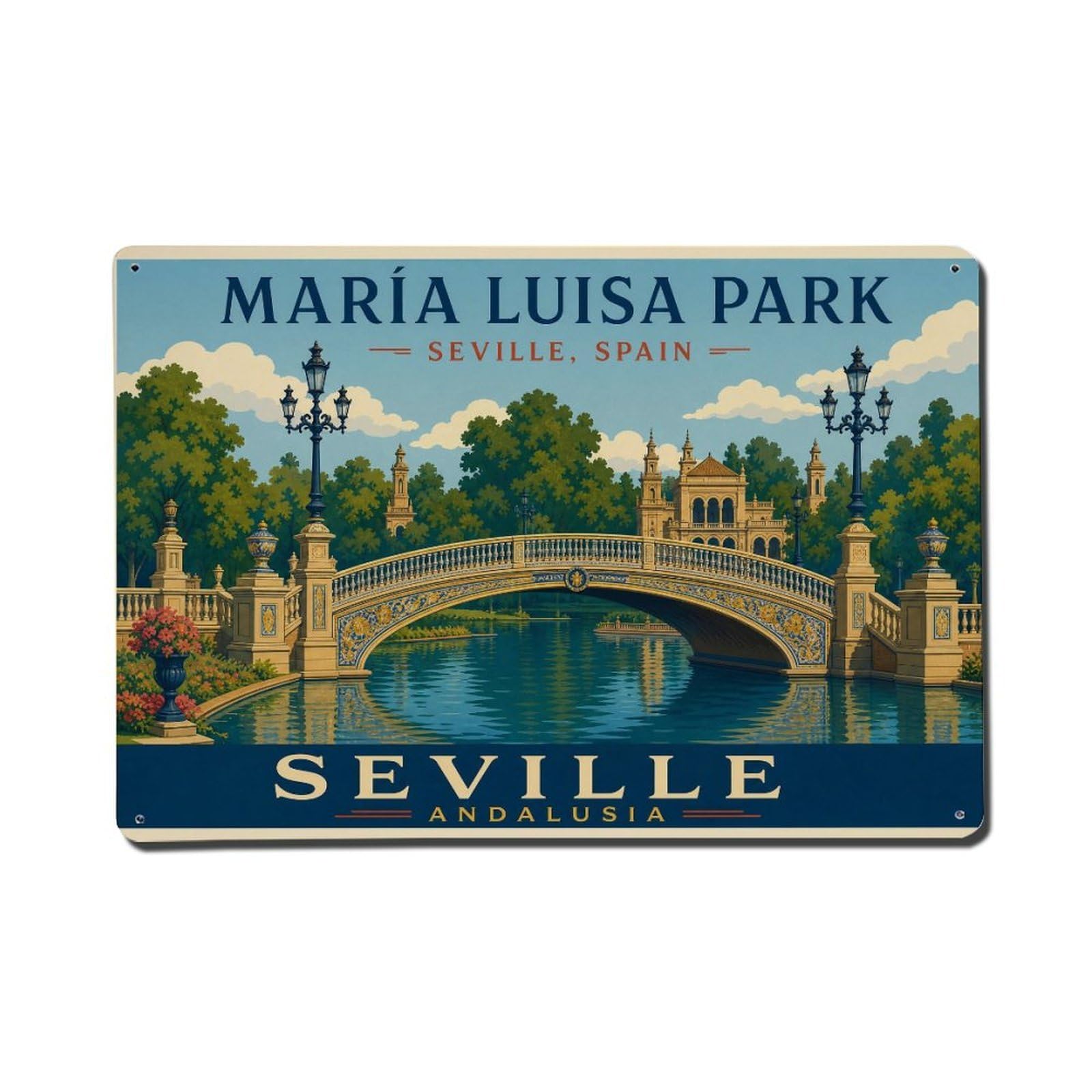 Vintage Maria Luisa Park Bridge Pond Crossing Spain Metal Tin Sign