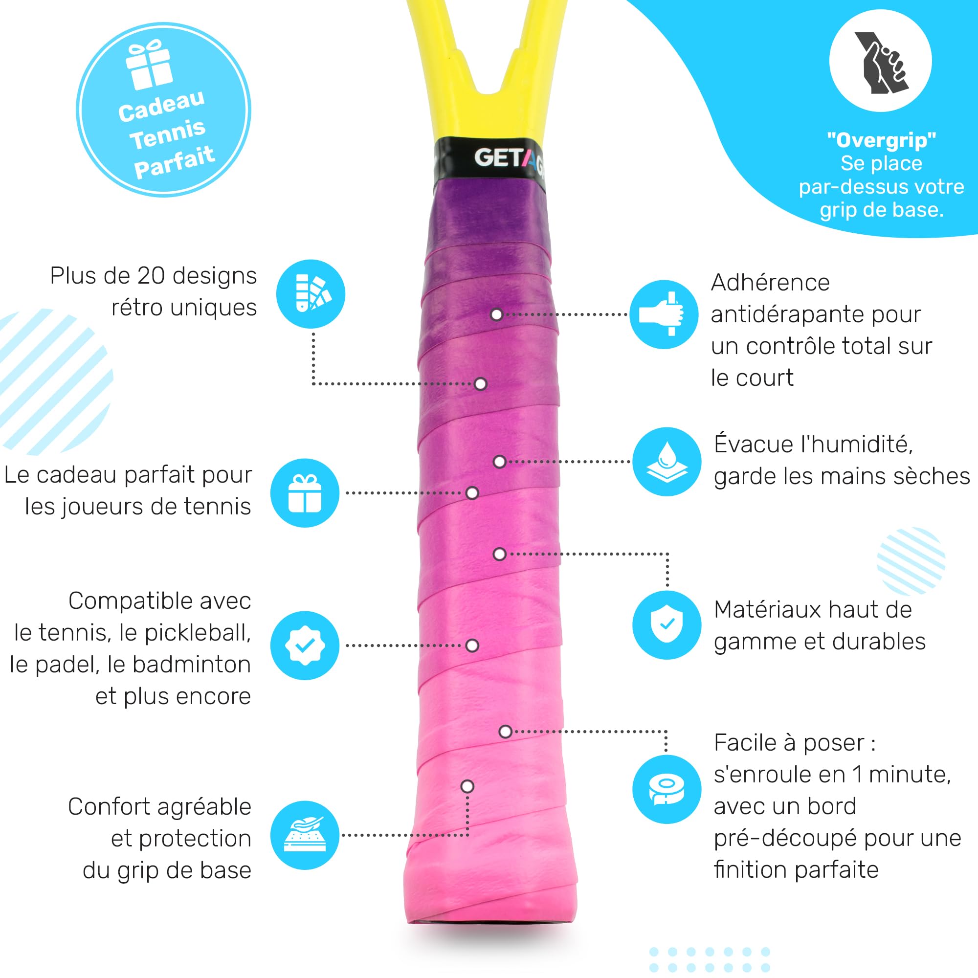 GET A GRIP - Surgrip Customisé pour Raquettes de Tennis - Overgrip de Tennis Antidérapant/Séchage Rapide, Ruban Grip pour Raquette de Padel, Badminton