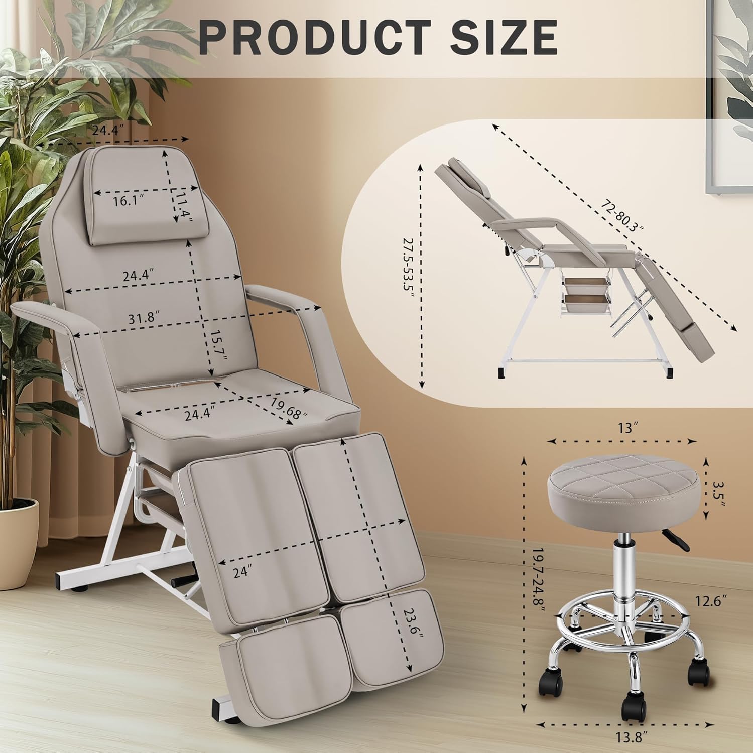 Tattoo Chair for Client with Rolling Stool, Grey Tattoo Bed Table with Split Legs, Esthetician Bed Facial Chair, Adjustable Lash Spa Chairs for Arist(Rooling Stool, Grey)