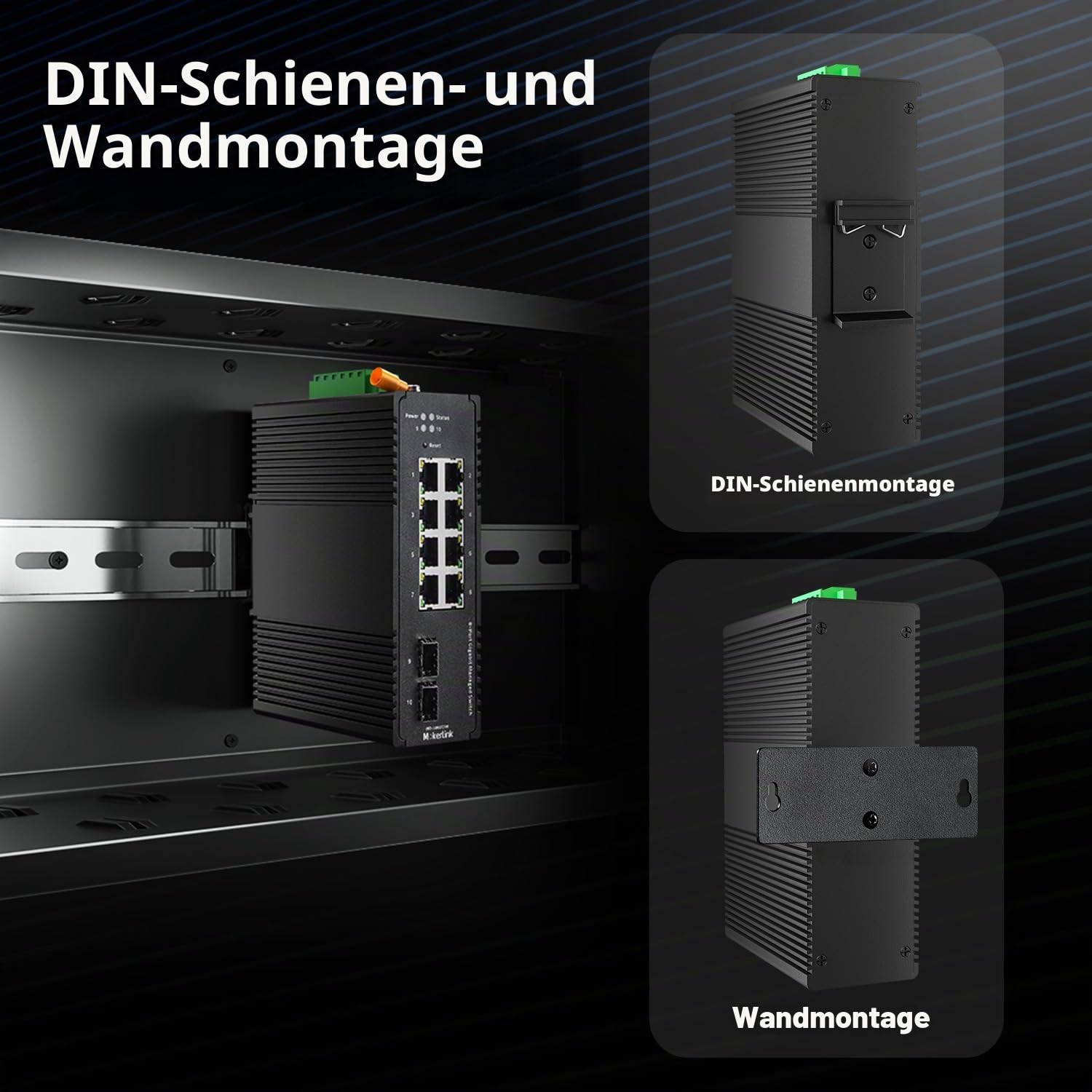 MokerLink 8 Port Gigabit Industrial DIN-Rail Ethernet Switch Managed, 2 SFP Ports, 20Gbps Switching Kapazität, Web L2+ Managed IP40 Netzwerk Switch, mit Netzteil