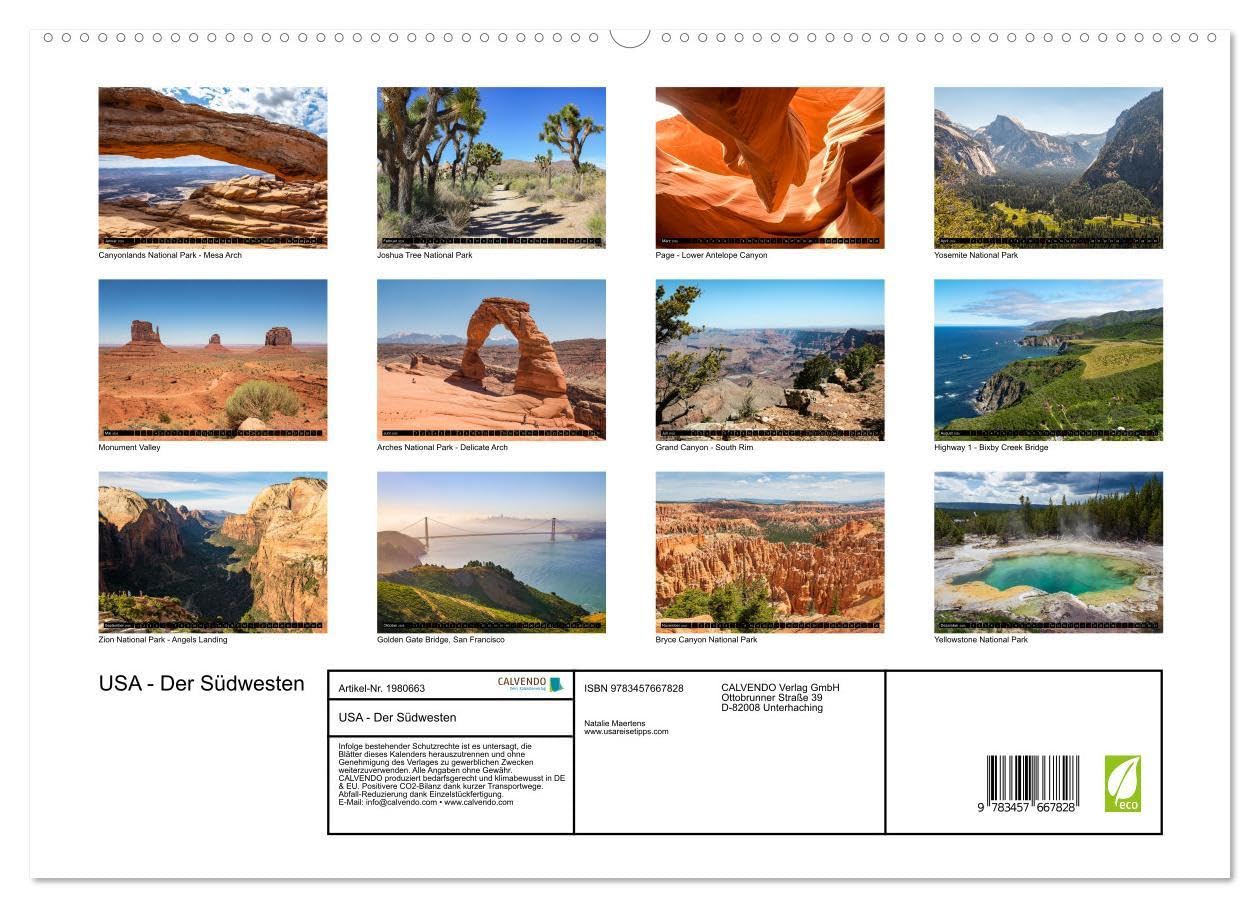 USA - Der Südwesten (Wandkalender 2026 DIN A2 quer), CALVENDO Monatskalender: Atemberaubende Aufnahmen der abwechslungreichen Landschaft im Südwesten der USA (CALVENDO Orte)