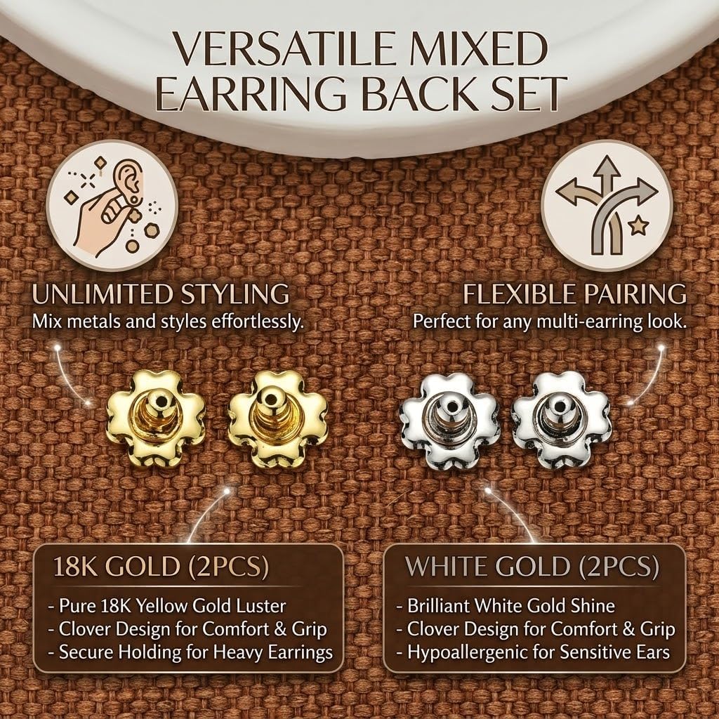 Earring Backs for Droopy Ears, EBFDOH Earring Backs for Heavy Earrings 4PCS Tight Locking Flower-Shape Lifter Backings for Studs Large Pierced Support Backers Replacements for Sagging Earlobe