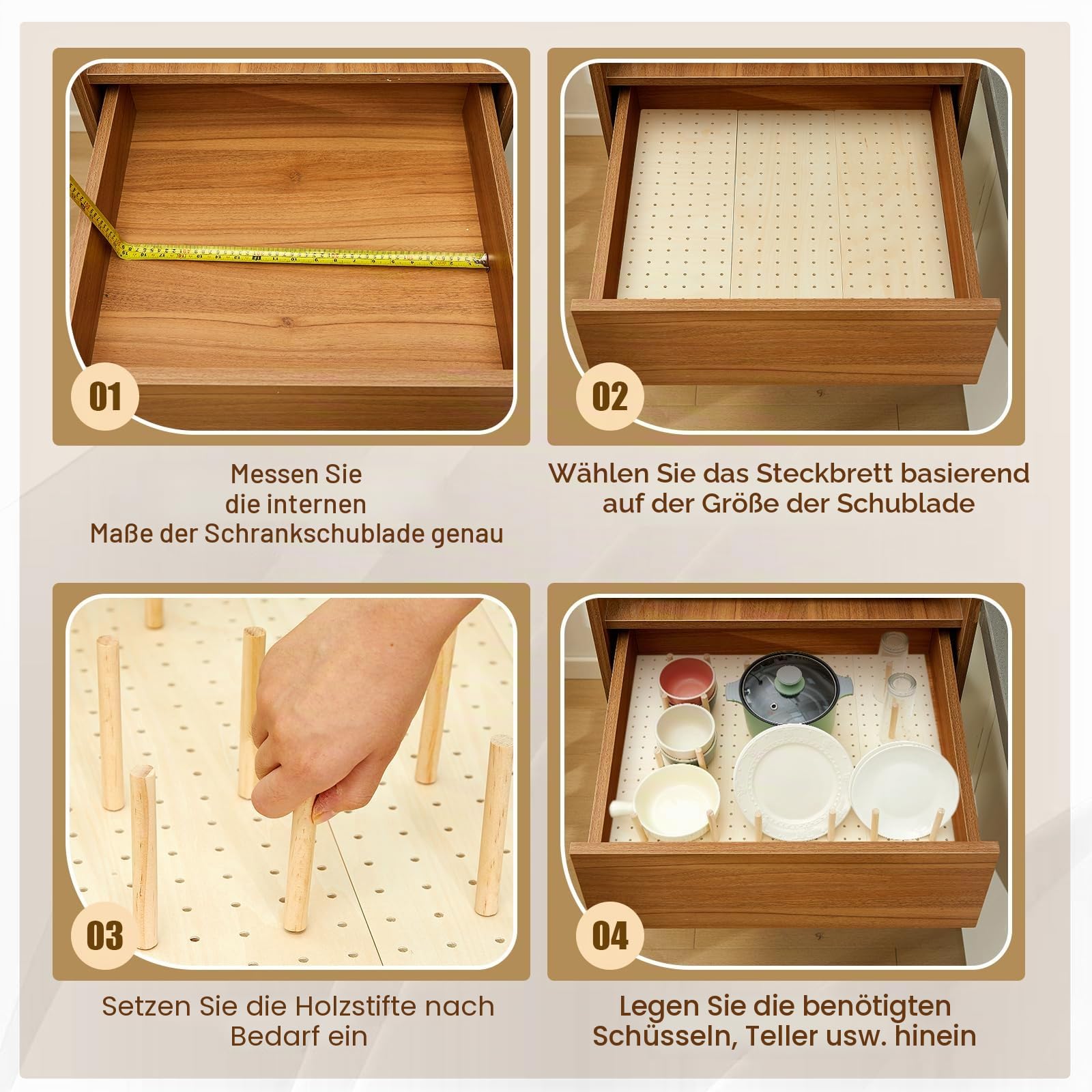Kigley Stecktafel-Schubladen-Organizer mit 96 Schubladen, Holz-Küchenteller, Organizer für Geschirr, Lebensmittelbehälter, Kochgeschirr, Utensilien (53,3 cm, Holzfarbe)