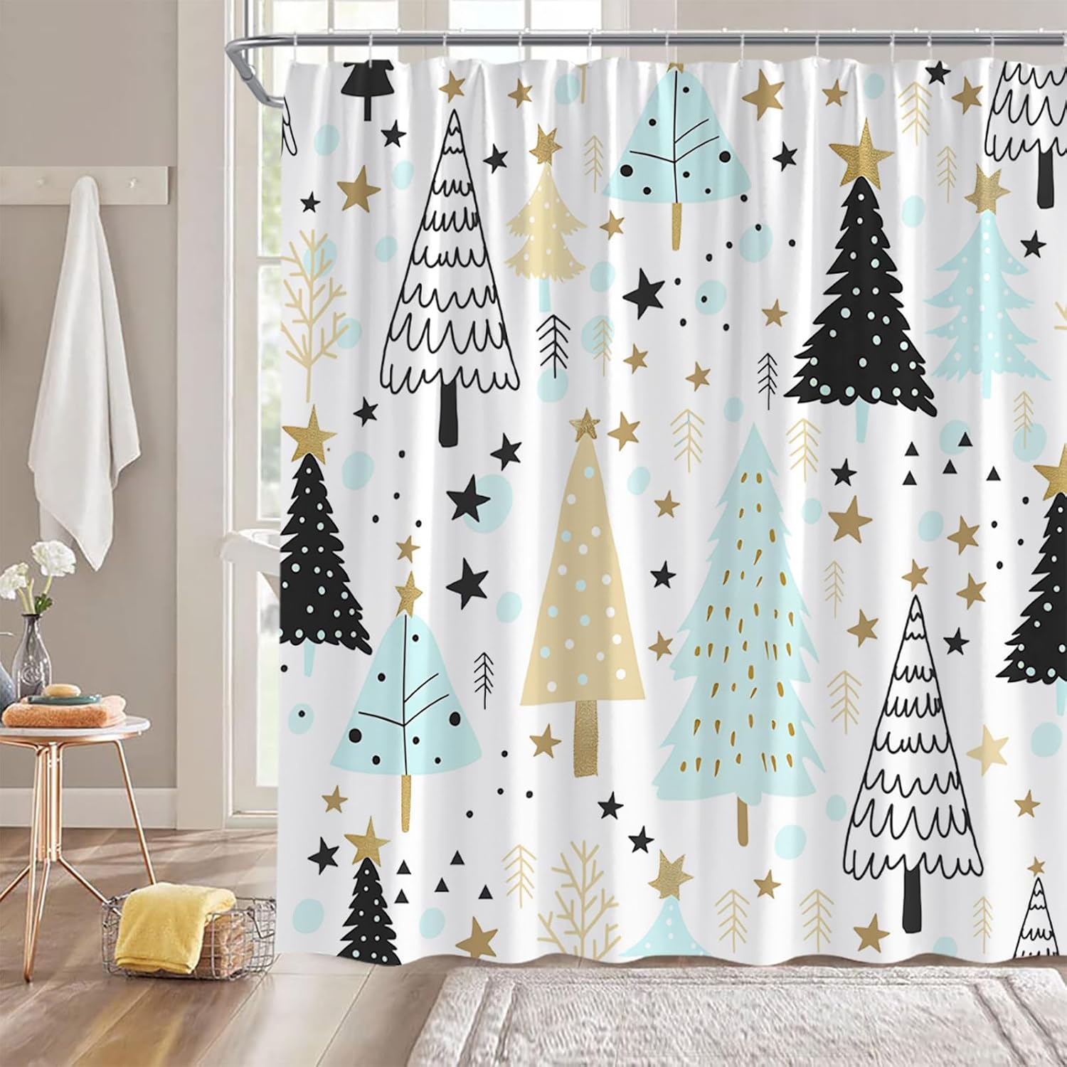 Christmas Extra Long Shower Curtain Xmas Tree Pine Forest Snowflake Star Winter Holiday Festival Teal Golden Black Fabic with Hooks for Bathroom Decor,70x84 Inch