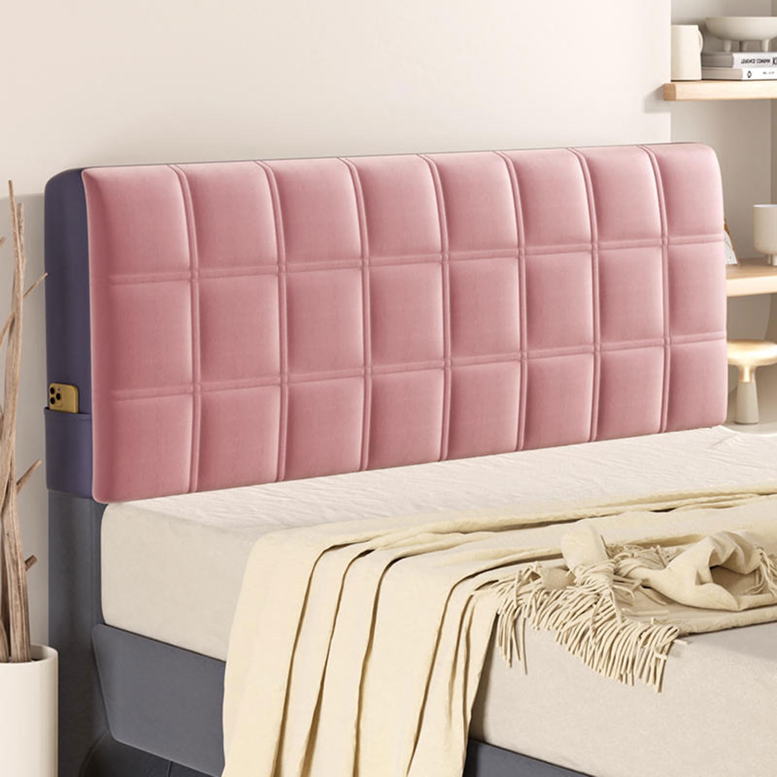 Velvet Headboards Covers Bed Headboard Slipcover For Single/King/Double Elastic Bed Head Cover Thicken Washable All-Inclusive Head board Backrest Dustproof Protector Cover, Bedroom Décor(160cm,Pink1)
