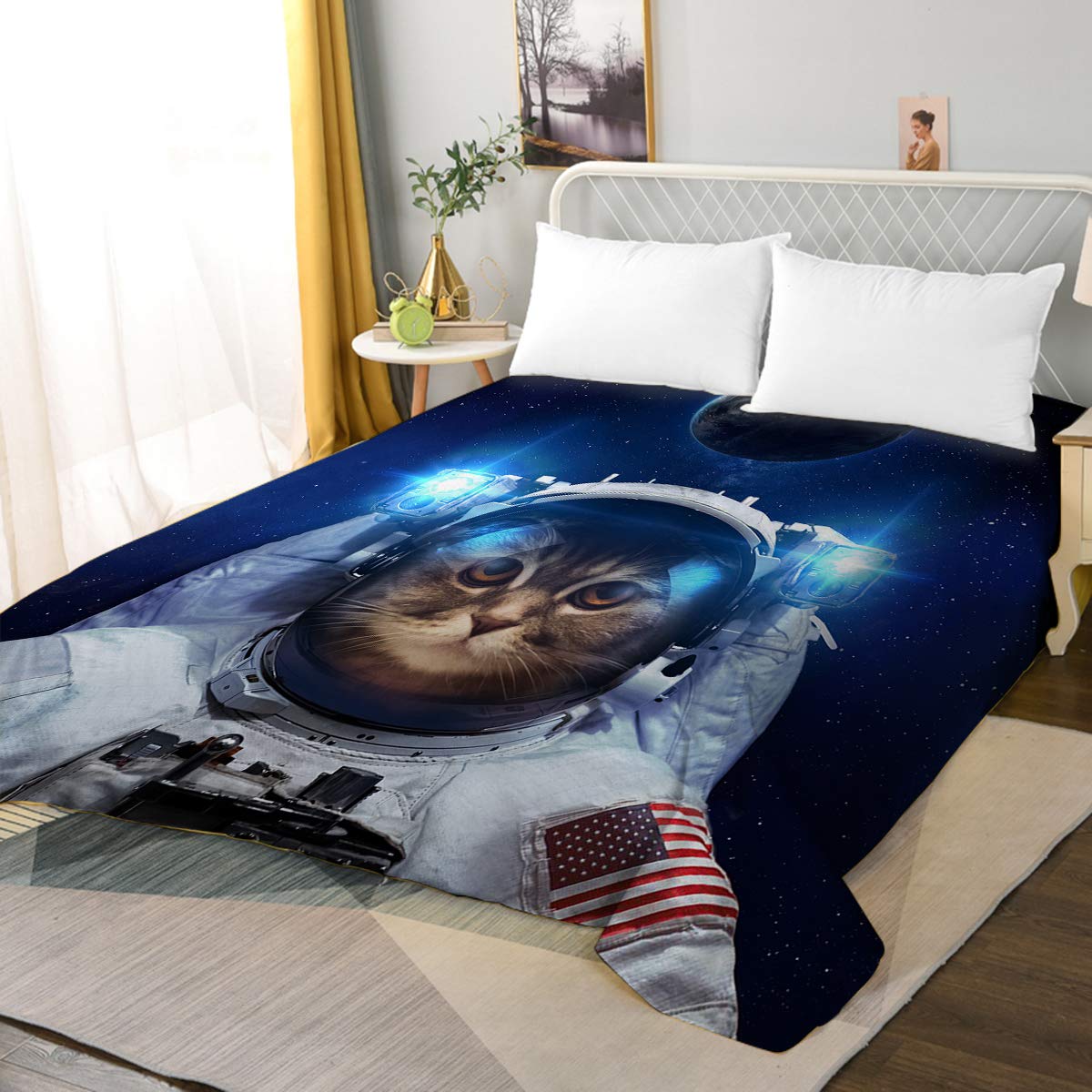 BlessLiving Teen Boys Flat Sheet Twin - Blue Space Cat Pattern Printed - Soft, Easy-Wash Lightweight Microfiber - Kid's Bedding Top Sheet - 1 Flat Sheet Only