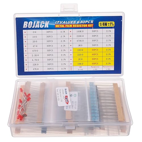BOJACK Kit de resistencia de 630 piezas de 17 valores, 0 ohmios - 1 M Ohm con 1% 14 W de película metálica kit surtido