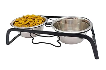 HOME BARGAINS NAAZ PET SUPPLIES Rustic Bone Diner Wrought Iron Stainless Steel Food and Water Bowl with Iron Stand for Medium Dogs and Cats (900ml x 2 Bowls)