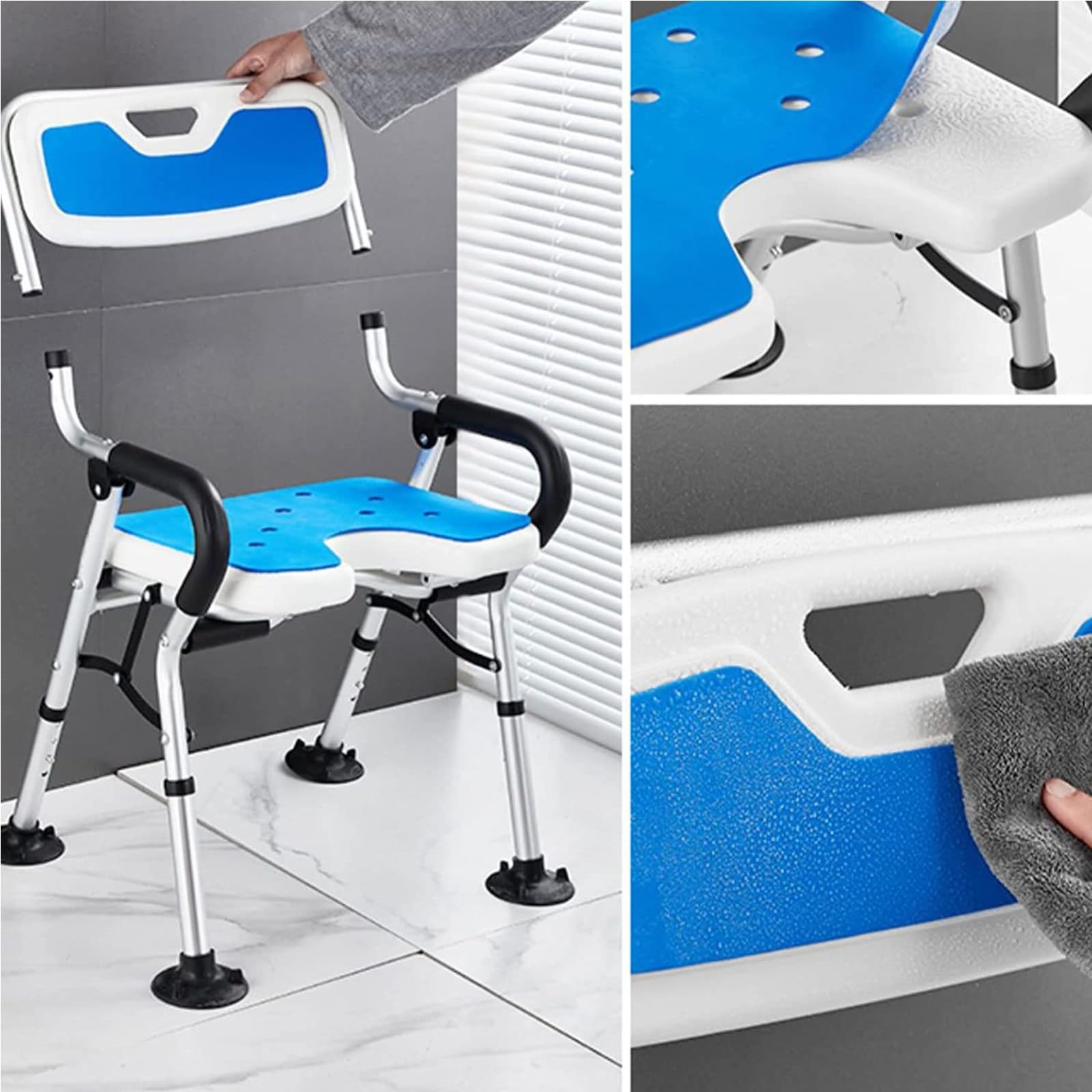 Silla De Ducha Plegable, Silla De Ducha con Respaldo Y Reposabrazos, Taburete De Ducha Antideslizante, Asiento De Ducha Regulable En Altura para Personas Mayores Y Discapacitadas, 150 Kg