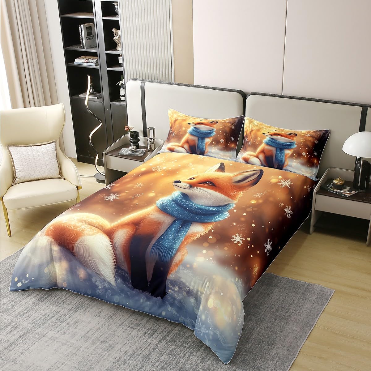 100% Natural Cotton Fox Duvet Cover Queen Size for Kids Boys,Winter Cartoon Animals 3 Pieces Duvet Cover,New Year Fox Farmhouse Style Comforter Cover (Not Comforter),Dreamy Snow Night Quilt Cover