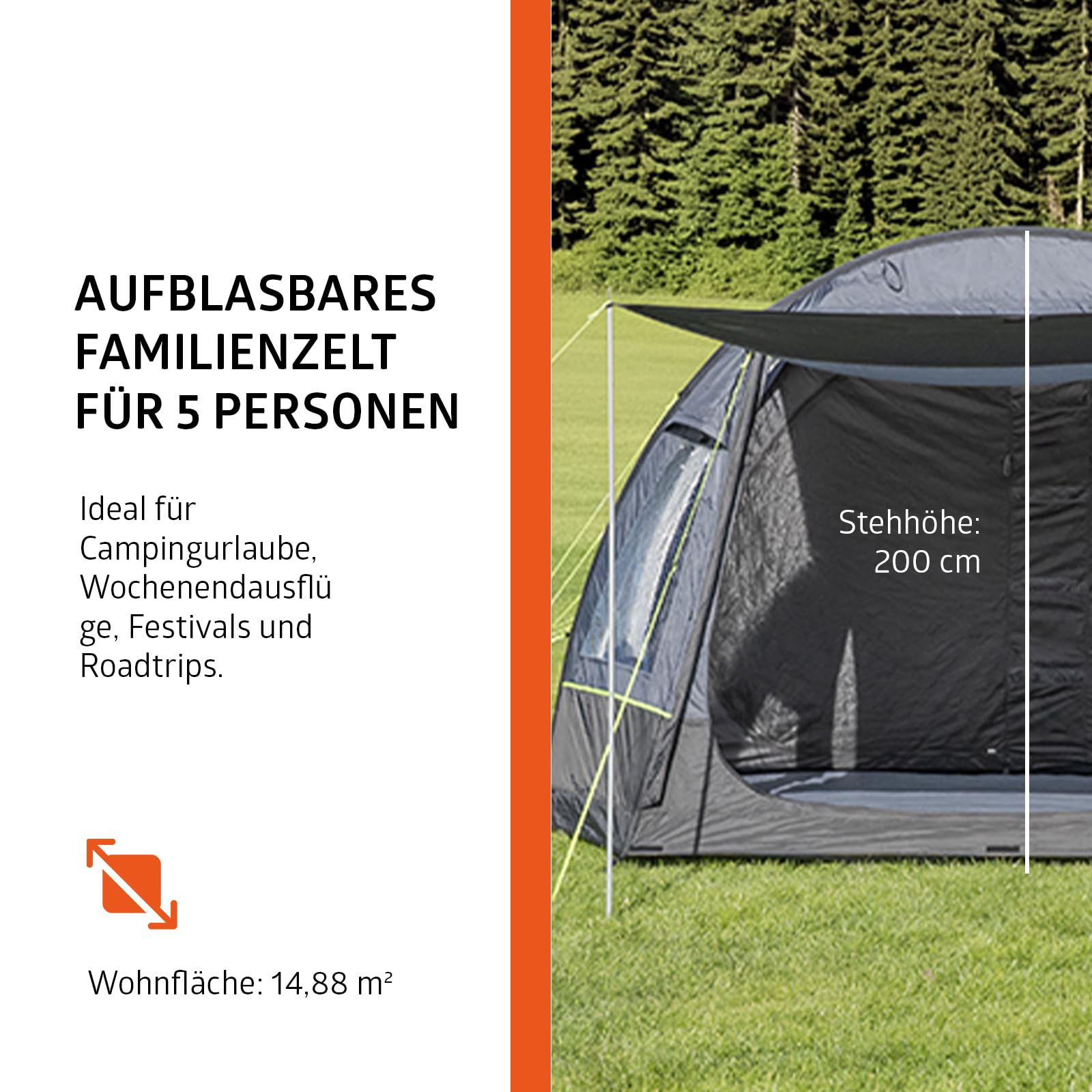 Campout Aufblasbares Tunnelzelt - Familienzelt - Luftzelt - Wasserdicht mit 5000 mm - Inklusive Pumpe, Bodenplane und vordach