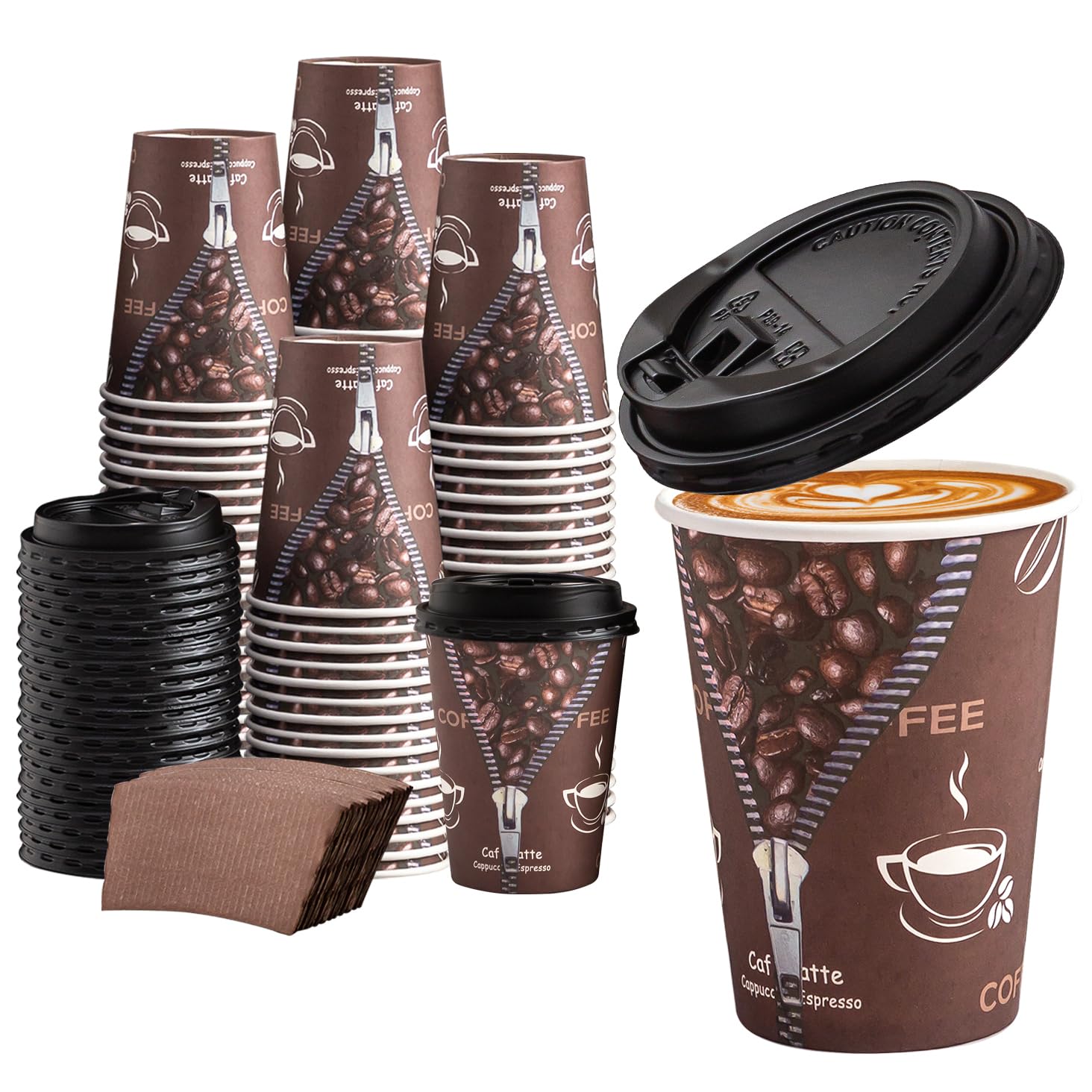 Lamosi 12 oz Coffee Cups with Lids,Sleeves -100 Pack Disposable Coffee Cups To Go Insulation Coffee Cups for Shops, Cafes, and Hot/Cold Drink(Dark Brown)