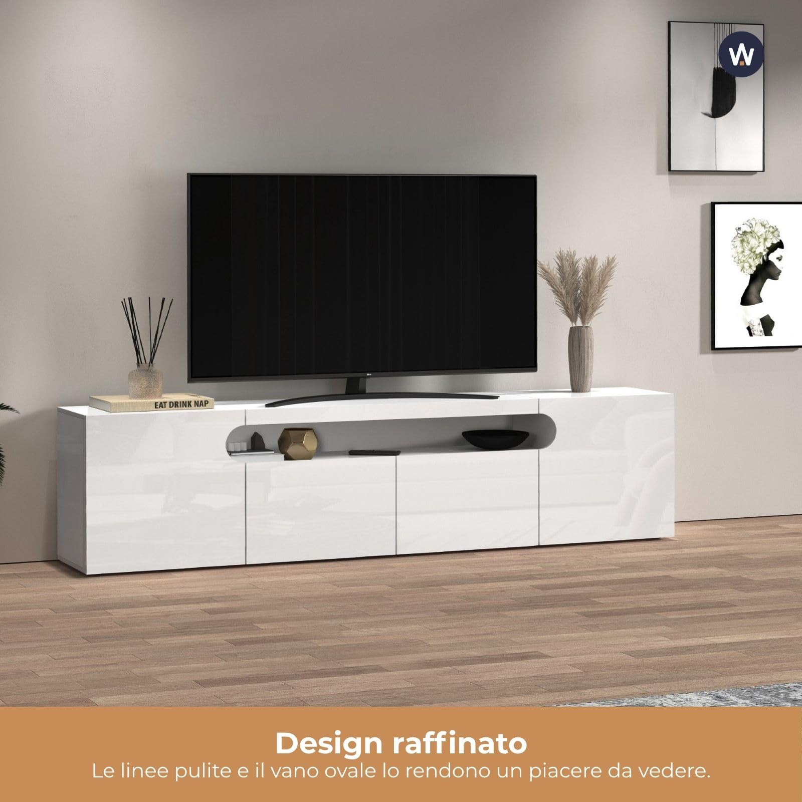 WHOUS Mobile Porta TV REAL per Soggiorno con 4 Ante, Mobile Tv per Salotto in Legno, 240x40x60 cm, Bianco Lucido