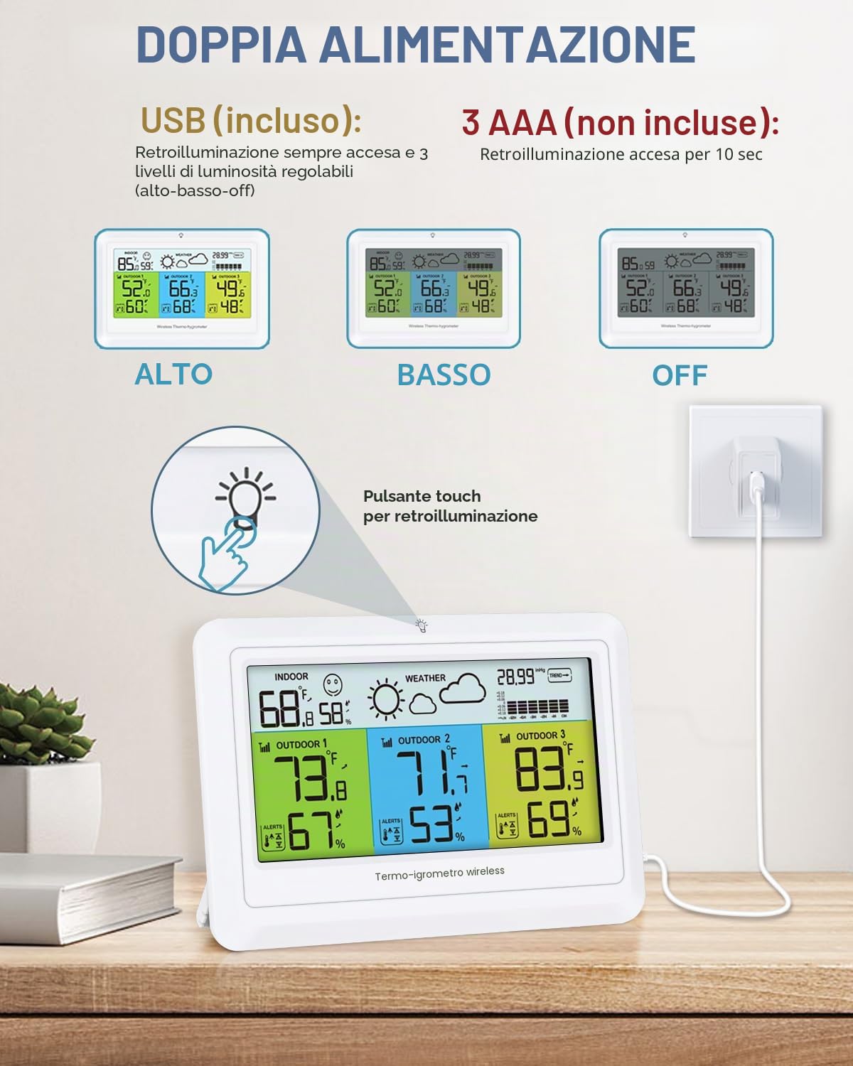Stazioni meteorologiche con sensore esterno wireless per interni ed esterni, termometro igrometro con 3 sensori, termometro digitale umidità con display a colori, retroilluminazione, previsioni