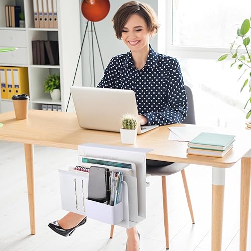 Miniatura 8 de LUKETURE Almacenamiento lateral de escritorio, organizador de escritorio lateral de acero de 2 niveles, soporte para computadora portátil sin