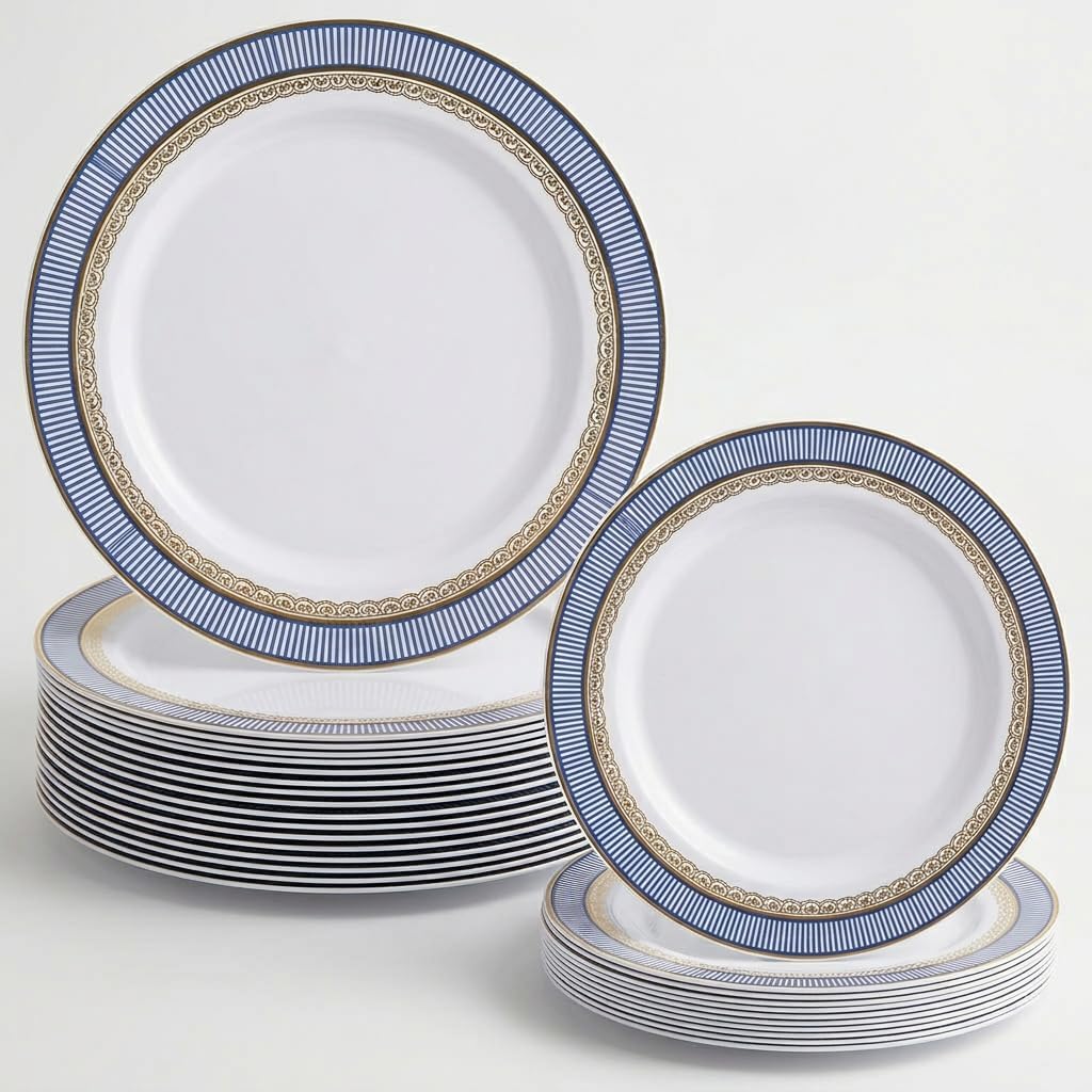OCCASIONS 50pc Heavy Duty Disposable Plastic Plates Set for 25 Guests – 25 Dinner (10.5") & 25 Dessert (7.5") Plates – Elegant, Recyclable, BPA Free – Louvre Blue & Gold