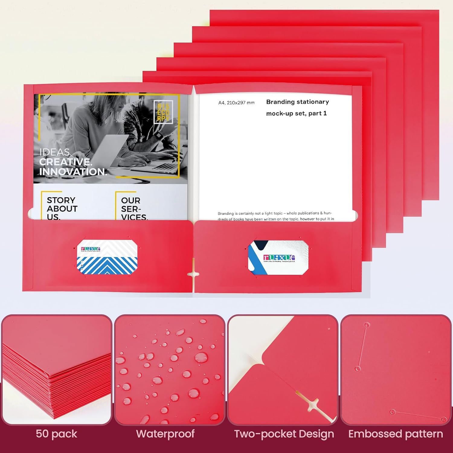 BIBRADAA® 50 Packs Red Folders with Pockets,2 Pocket Folders Surface with Waterproofing,Letter Size,Holds 100 Plus Sheets,for School,Office,Business. (50, Red)