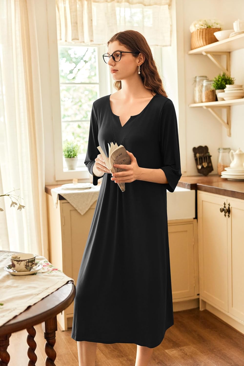 Ekouaer Long Nightgown for Women 3/4 Sleeves Nightshirt Maxi Sleep Dress Plus Size Loungewear Full Length Sleepwear - Image 3