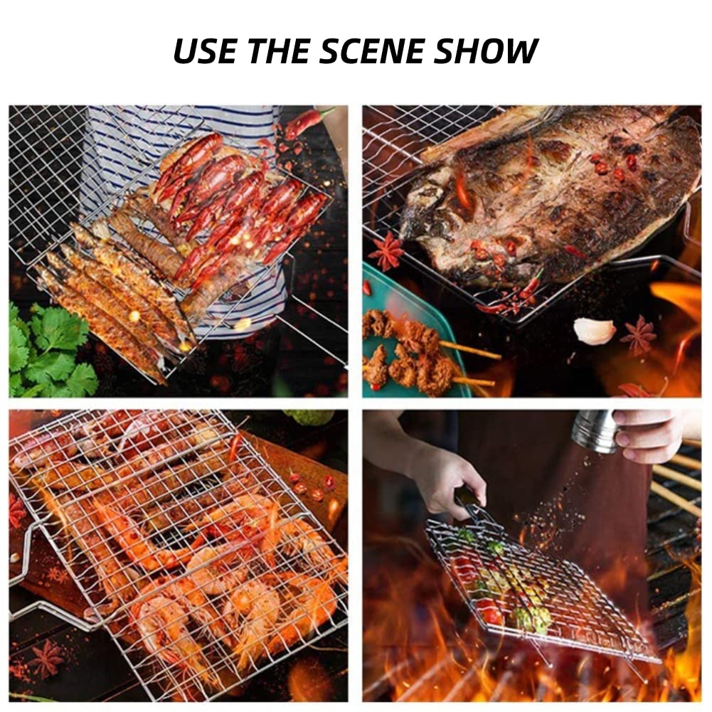Griglia Pieghevole per Barbecue, Rete per barbecue, Portabile Griglia Barbecue Cestello per Griglia, Clip per Pesce alla Griglia con Manico in Legno, per Bistecca, Gamberetti, Carne, Verdure e Pesce