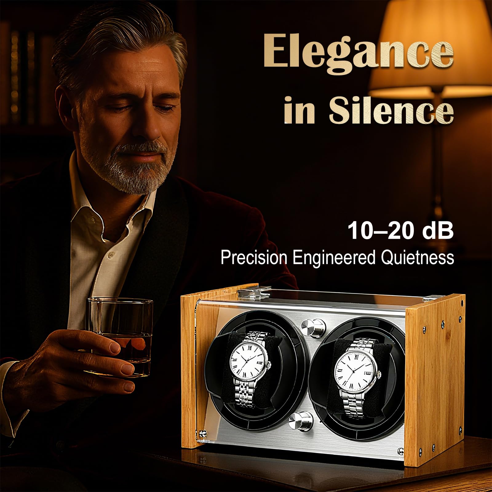 Watch Winder Smith Quiet Bamboo Watch Winder 2 for Automatic Watches, Vertical Rest Timer Function for Easy Glance