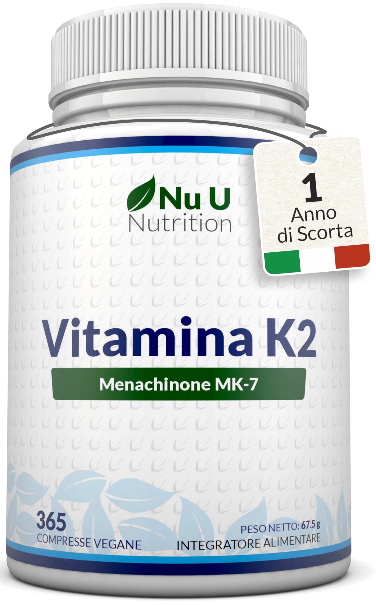 Vitamina K2 MK7 200mcg - 365 Compresse Vegane - 1 Anno di Scorta - Alta Concentrazione di Vit K Menachinone MK-7 da Natto - Prodotto in Europa - Nu U Nutrition
