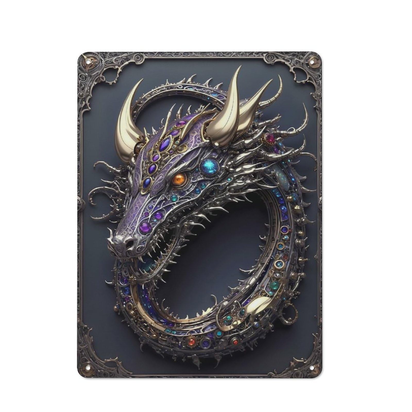 Metal Wall Sign with Cyber Dragon Design 40x30cm, Modern Retro Urban Room Decor for Workspace, Cafe, Hallway Or Garage