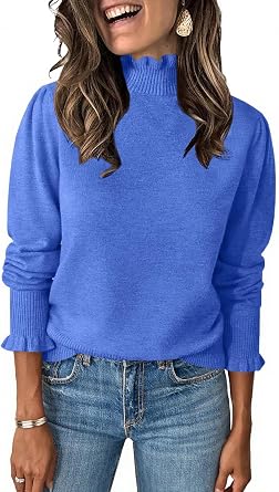 Womens Ruffle Mock Neck Sweater Puff Long Sleeve Fall Trendy Pullover Tops