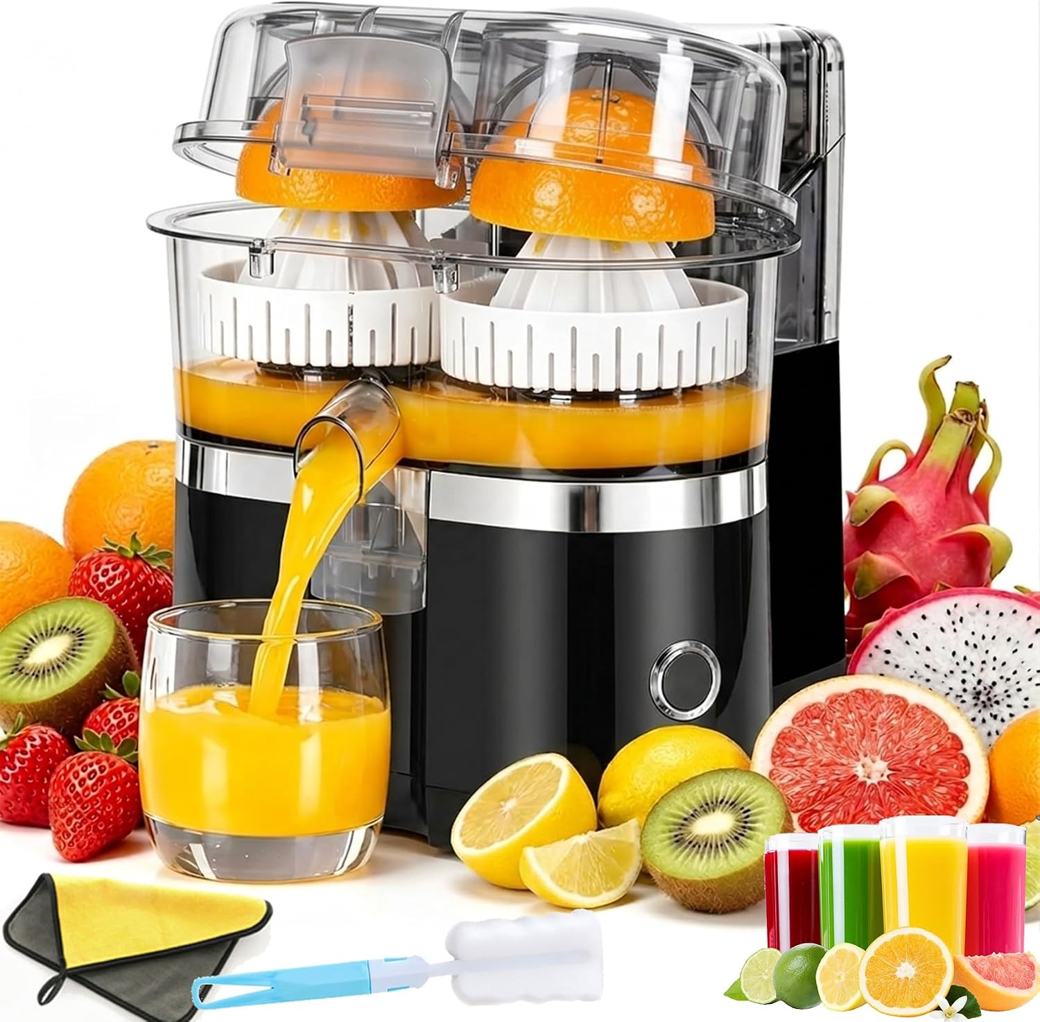 Dual-Head Automatic Citrus Juicer, Electric Orange Lemon Lime Squeezer with Built-In Fruit Cutter & Dual Cones, Easy to Clean & One Touch Operation for Home Kitchen Fresh Juice Maker (Black)