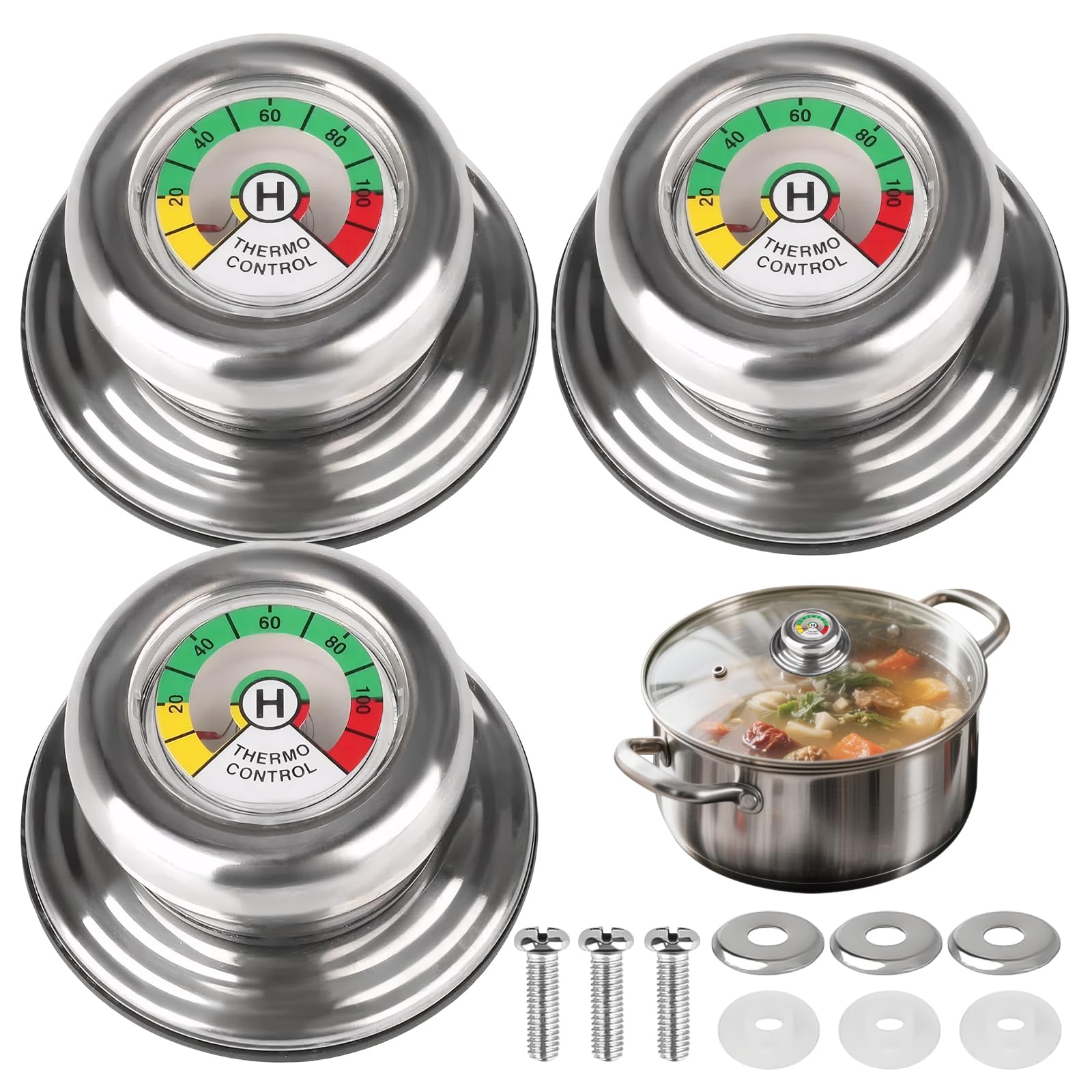 3 Stück Topfdeckelgriff mit Thermometer,für AMC Topfdeckelgriff, Deckelknopf,Ersatzgriff,Für Kochgeschirr mit 5 mm Gewinde,Thermokontroller für Topf - Deckel,Thermometer Kochen