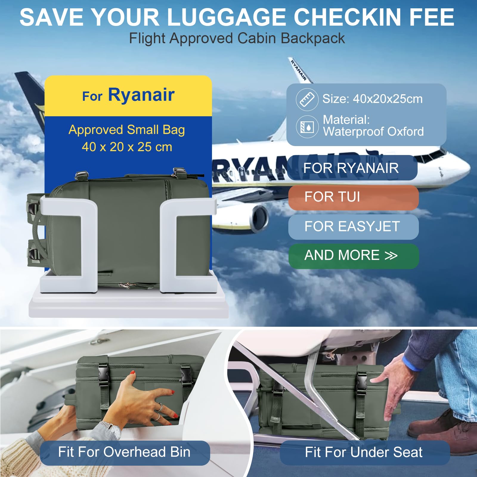 SZLX Zaino Ryanair 40x20x25 Donna Zaino da Viaggio Bagaglio a Mano 20L Uomo Borse da cabina 45x36x20 Easyjet Travel Backpack Adatto a laptop da 14 Pollici con scomparto per scarpe per Lavoro e Scuola