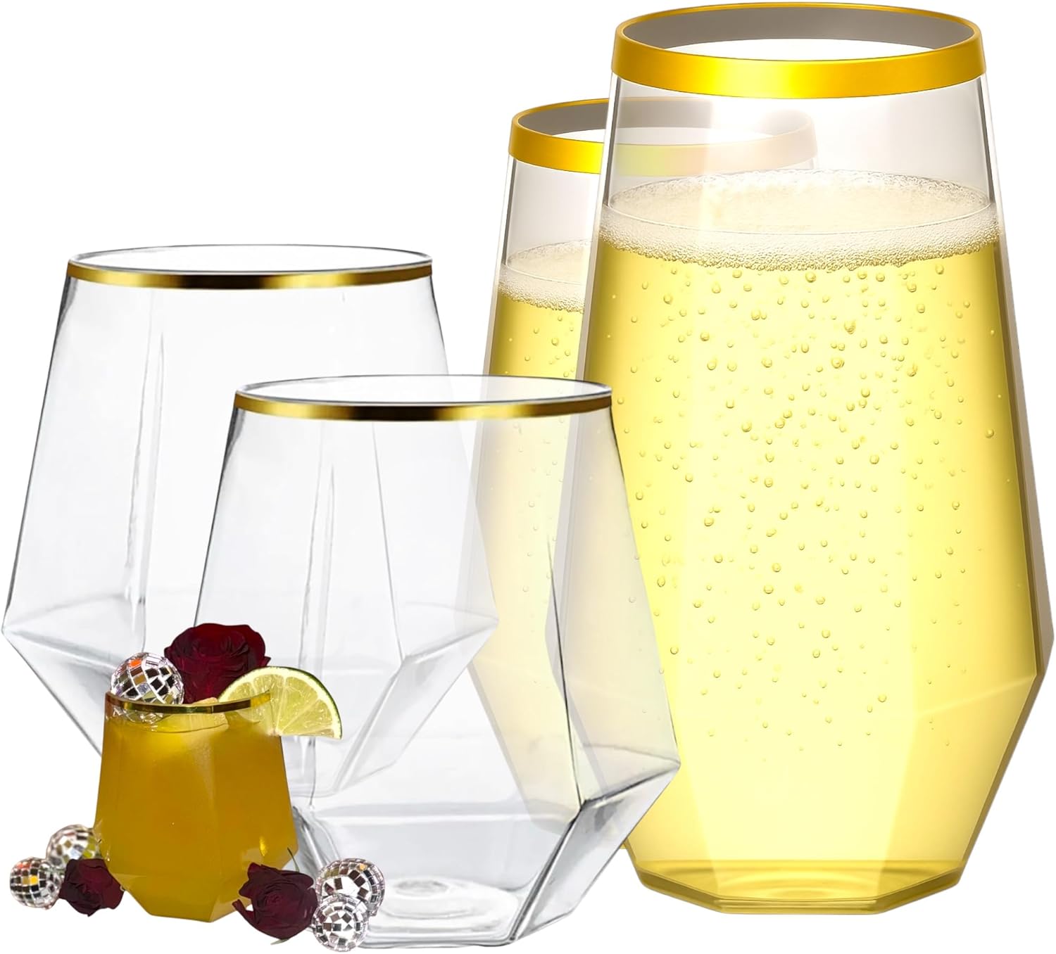 48 Pack Diamond Gold Rim Unbreakable Stemless Plastic Glasses 24 9oz Stemless Champagne Flutes & 24 12oz Cups BPA-Free, Disposable, Shatterproof Drinkware for Weddings, Bars, Events and parties Gold Rim Diamond