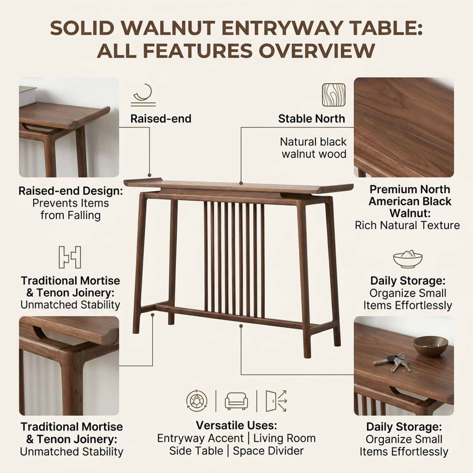 Tavolo consolle in legno massiccio, consolle lunga | Per ingresso, tavolino laterale per corridoio e soggiorno(120cm)