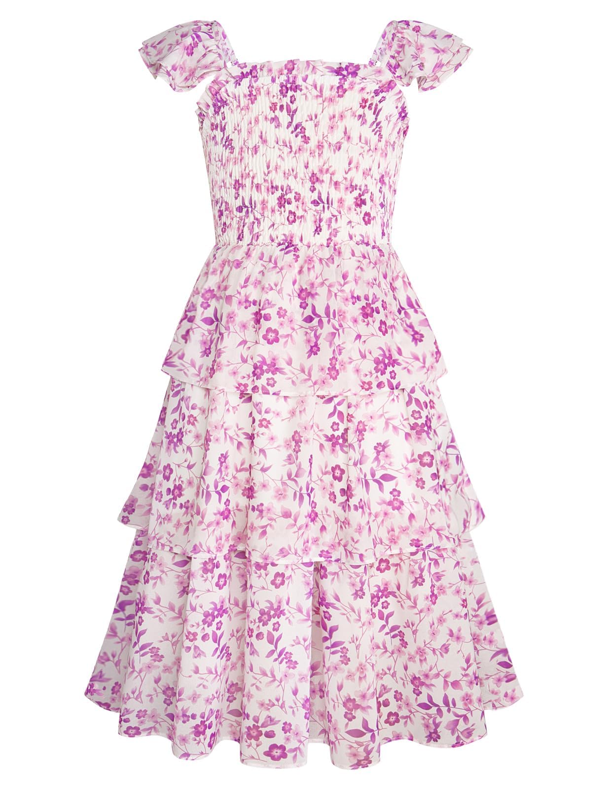 GRACE KARIN Girls Floral Smock Dress Flutter Sleeves Flowing Tiered Layers Spring Summer Midi Holiday Boho Dresses 5-12Y