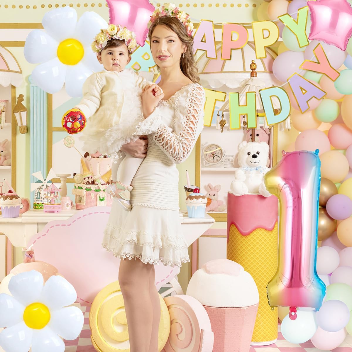 Happy 1st Birthday Decorations Girl, Pastel Happy Birthday Banner, Rainbow Gradient 1 Balloon Number 40 Inch, Number 1 Balloon For Pastel Birthday Decorations
