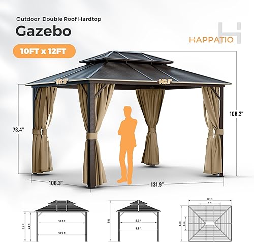 Miniatura 2 de HAPPATIO Gazebo de techo rígido de 10 x 12 pies con marco de aluminio, kiosco para exteriores con techo doble de acero galvanizado para terraza,