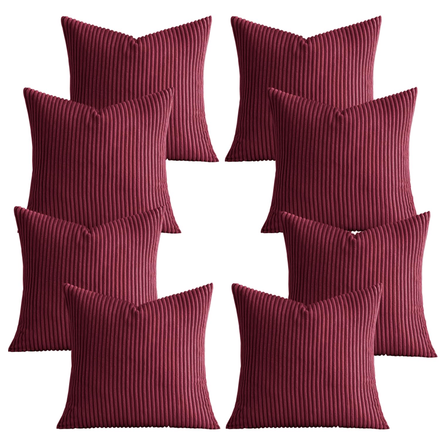 AMEHA Set of 8 Pcs Soft Stripe Red Velvet Cushion Covers 45 x 45 cm with Invisible Zipper Decorative Square Throw Pillowcases for Livingroom, bed, couch, office (18x18 inch Stripe Cushions)
