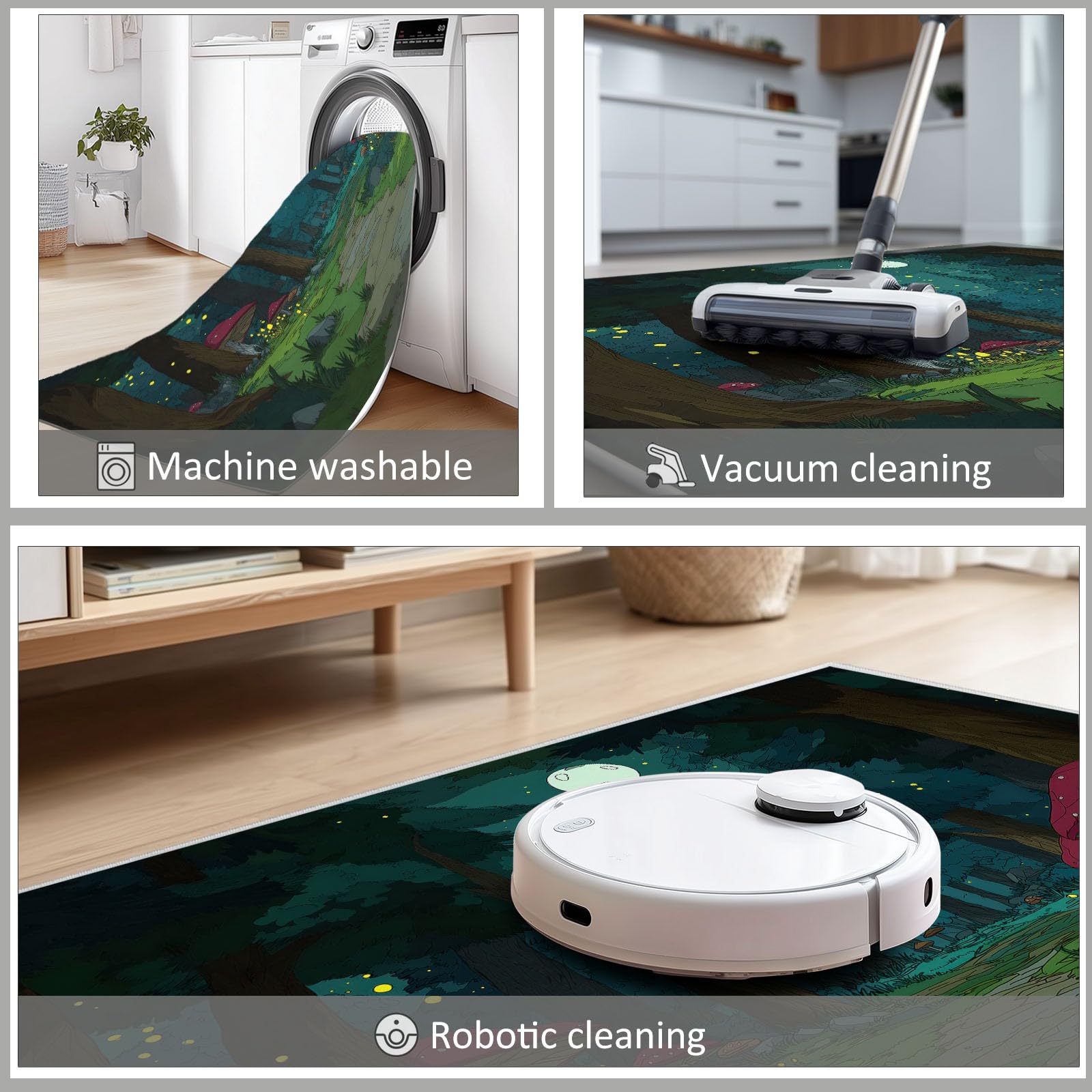 Tapis Salon Impression 3D Lune des Champignons De La Forêt 160x230cm Tapis Moderne Poils Courts Doux Antidérapant Lavable pour Chambre Enfant