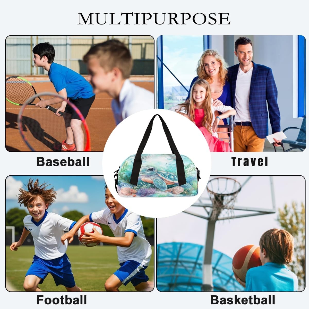 Kids Travel Duffle Bag Weekender Overnight Bag Gym Tote for Boy Girls Carry On Workout Duffel Bag(Marine Animal Cute Baby Turtle)
