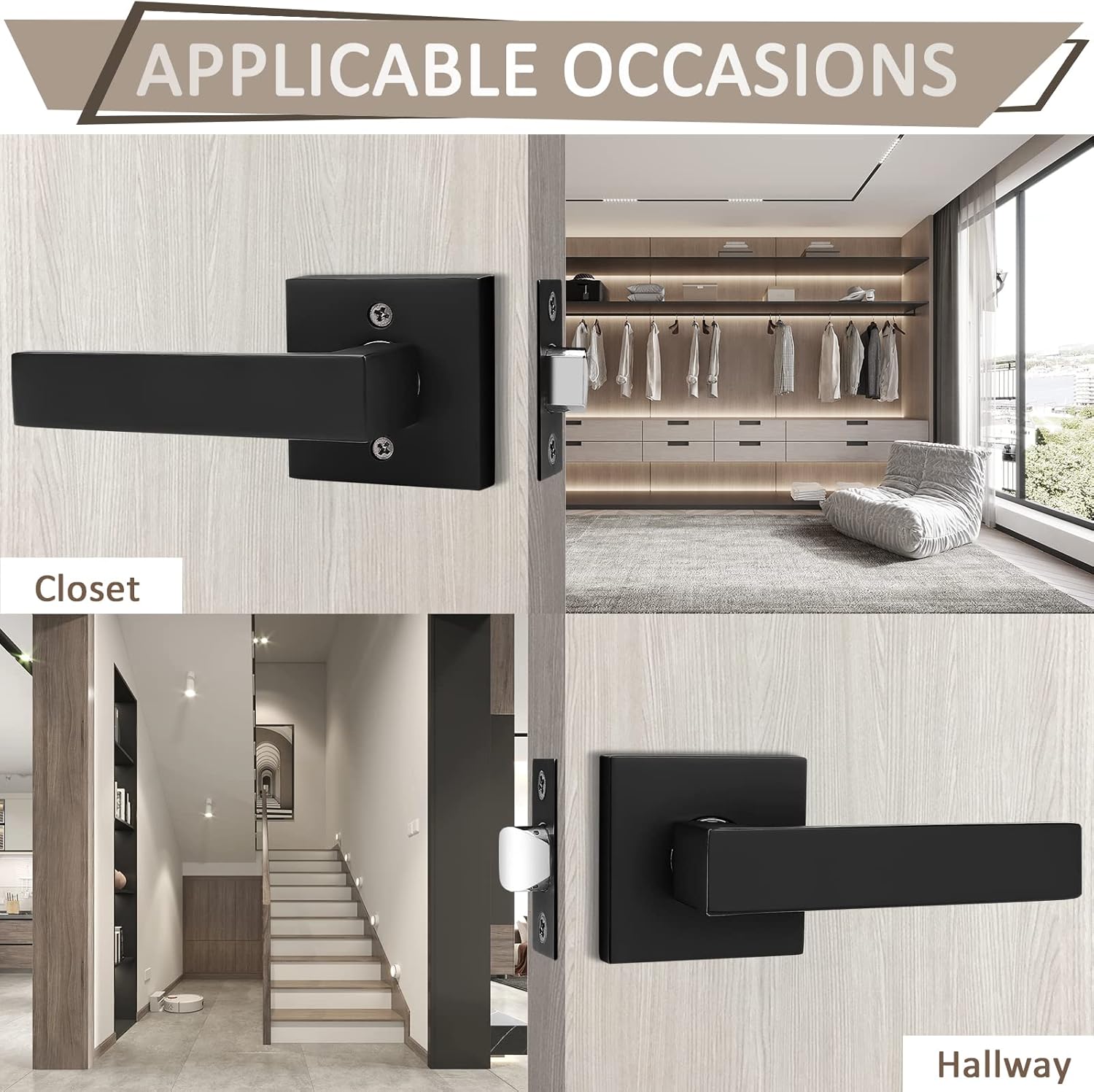 Probrico 3 Pack Black Passage Door Lever Square Lever Non-Locking Lever Set Interior Keyless Door Handles Door Lock Doorknobs for Hallway Closet