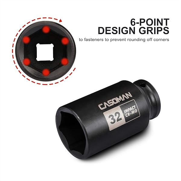 CASOMAN 1/2" Drive x 32 mm Deep 6 PT Impact Socket, CR-MO, 1/2-inch Drive 6 Point Axle Nut Socket for Easy Removal of Axle Shaft Nuts (32MM) - 2