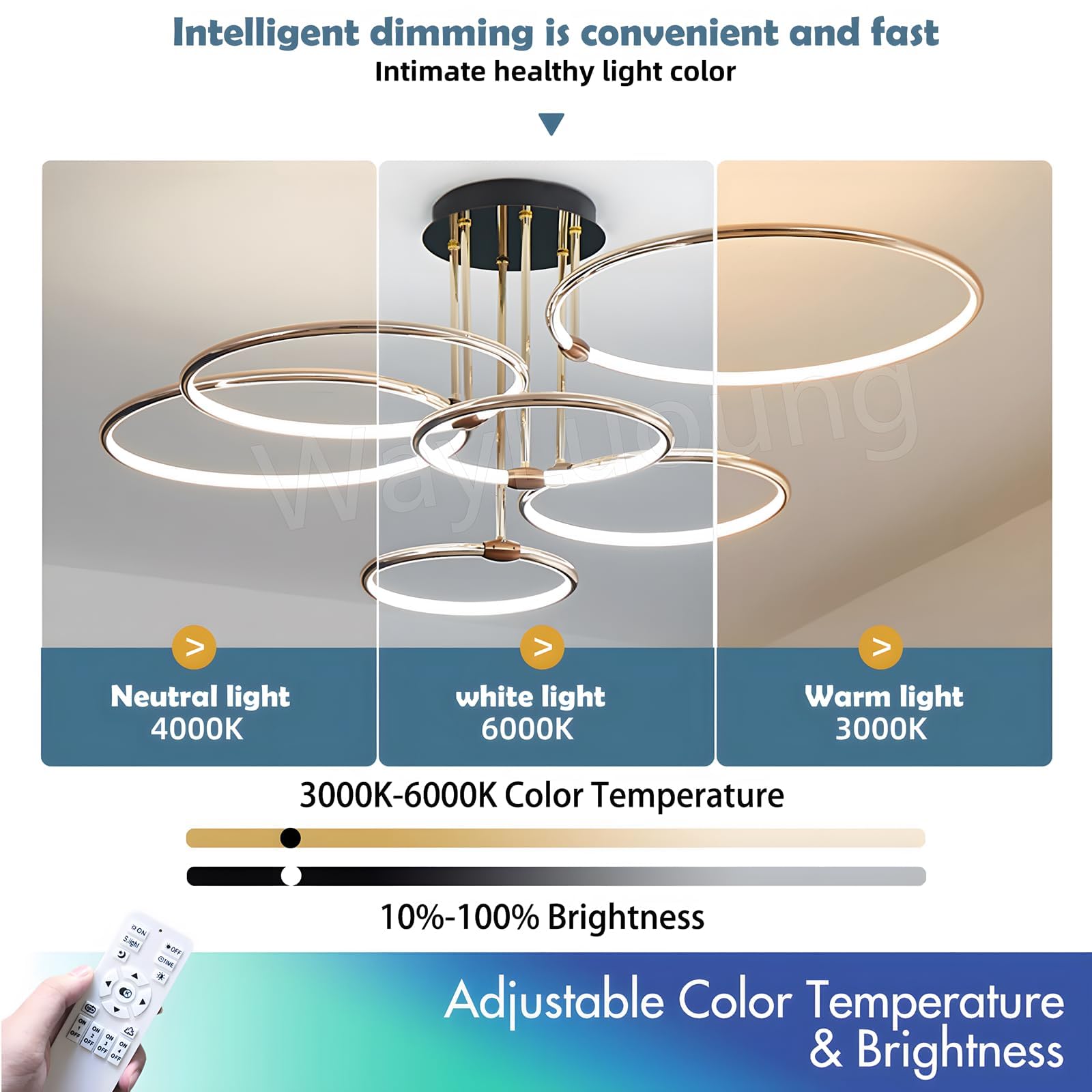 LED Plafoniera, Ø105cm Lampadario Cerchio In Metallo Dorato, 145W Dimmerabile Continuo 3000-6000K, Lampadario Rotondo Moderno In Placca Camera Letto Soggiorno Bambini Ufficio Studio (6 Anelli)