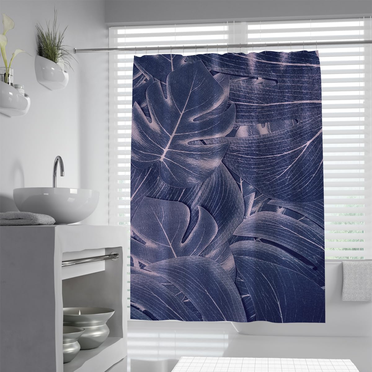 UIRINGART Navy Monstera Palm Leaves Shower Curtain W180xL220cm Luxury Tropical Botanical Art Print Waterproof Machine Washable Bath Drape with Hooks