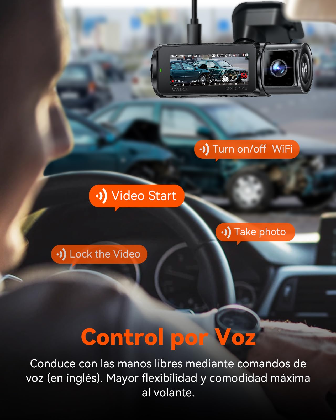 VANTRUE N4 Pro Cámara de Coche WiFi 4K de 3 Canales, Visión Nocturna STARVIS 2 IMX678, 1080P/30FPS, Control de Voz, GPS, HDR, Modo de Estacionamiento 24 Horas, Soporte 512GB Máx.