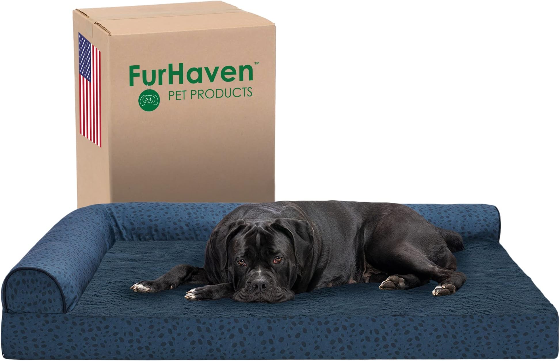 FurhavenOrthopedic Dog Bed for Large Dogs w/ Removable Bolsters & Washable Cover, For Dogs Up to 125 lbs - Plush & Almond Print L Shaped Chaise - Blue Almonds, Jumbo Plus/XXL