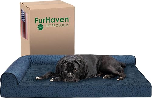 Miniatura 23 de Furhaven - Cama para perro de espuma ortopédica, estilo caja de huevos, estilo diván en forma de L, de felpa y estampado de almendras, almendras