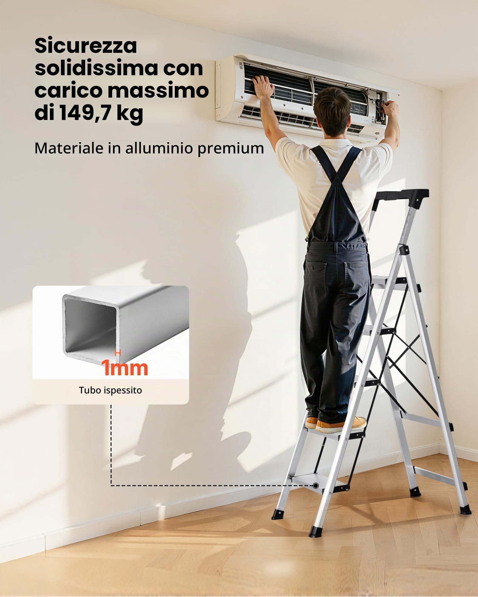 VEVOR Scaletta Pieghevole Salvaspazio con 5 Gradini con Ampio Pedale Antiscivolo e Impugnatura Comoda, Scala a Pioli Portatile in Alluminio con Capacità di 150 kg, Multiuso per Cucina, Magazzino