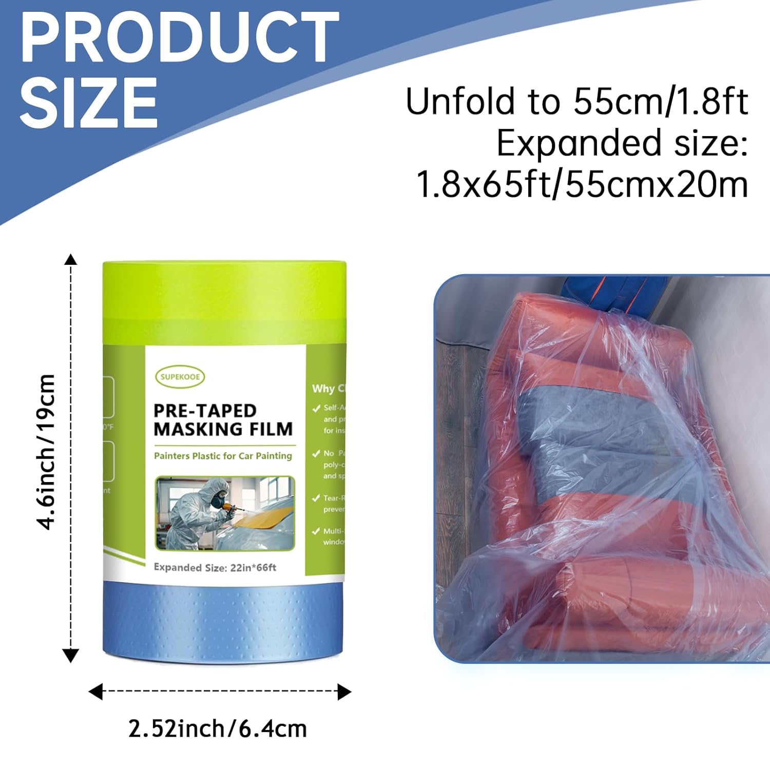 Painters Plastic with Tape 22" x 66',Pre-Taped Masking Film Reinforced Tape and Drape,Tear-Resistant Plastic Painting Film for Car Painting & Home Renovation (5 Rolls)